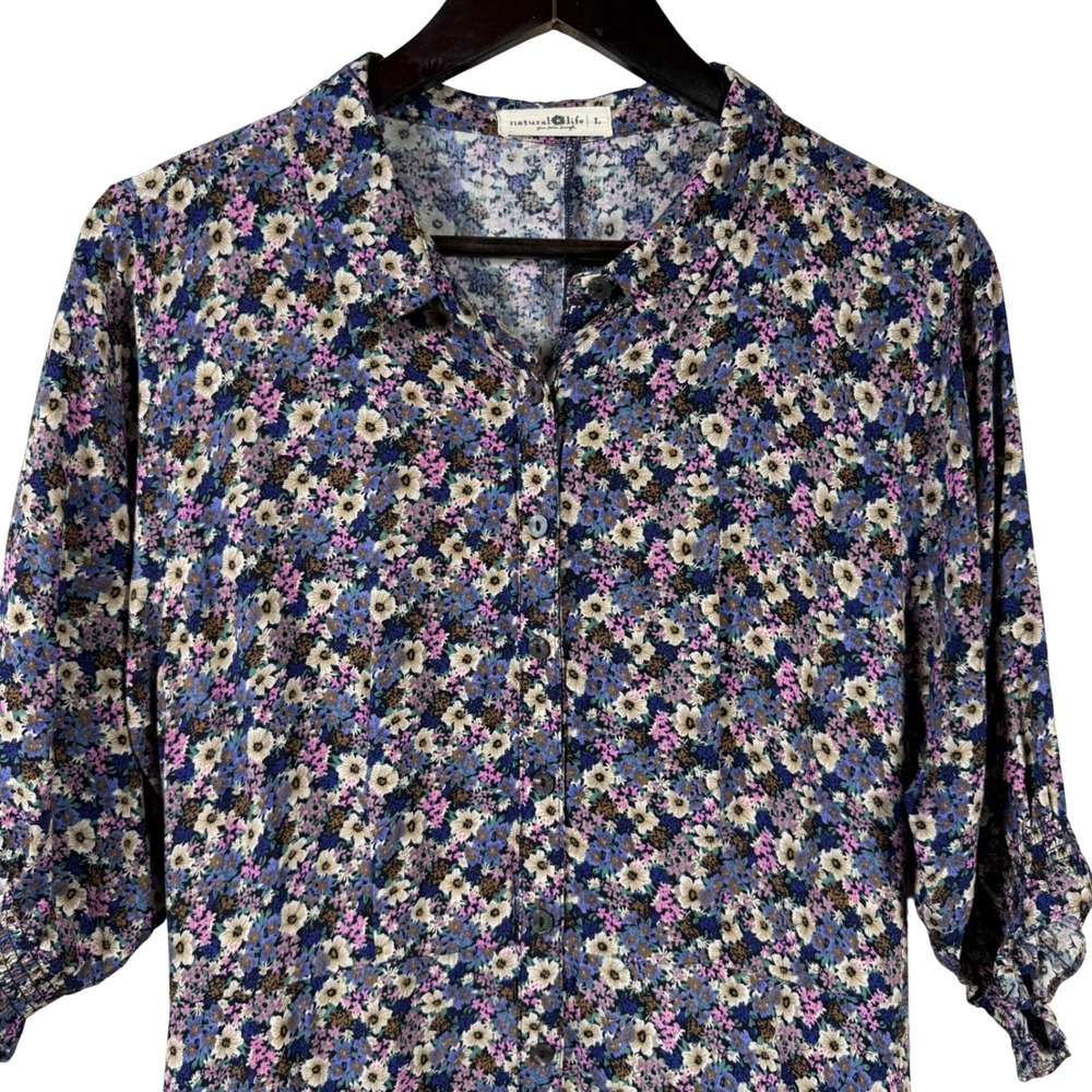 Natural Life Floral Maxi Dress Womens Large Button Front Smocked Sleeve Boho L - Picture 2 of 13